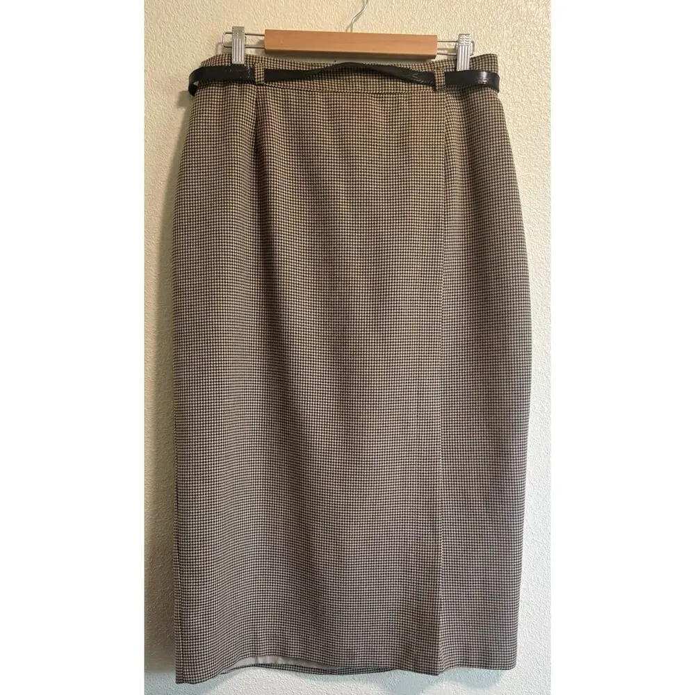 VTG Worthington Houndstooth Tweed Belted Midi Pencil Skirt Brown Beige Size 16 - Picture 3 of 12